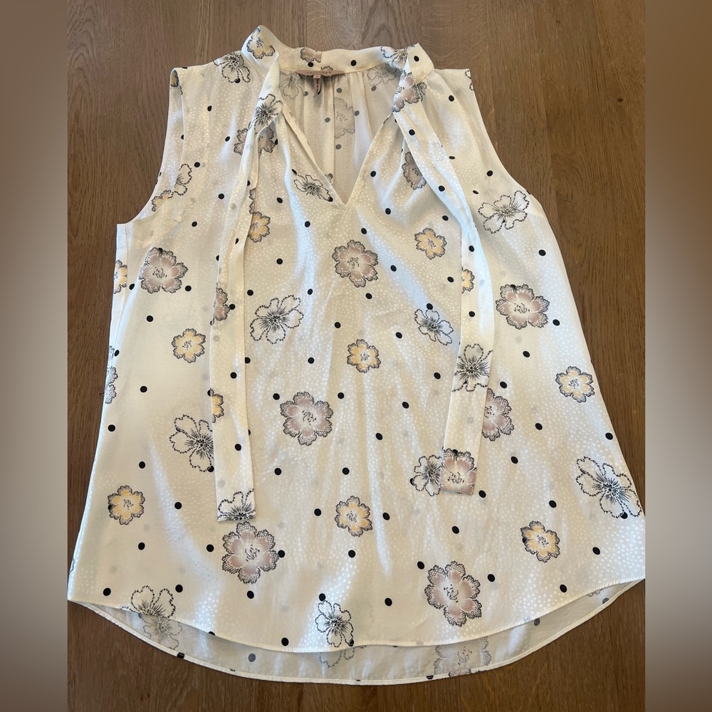 Rebecca Taylor Silk White Floral Print Sleeveless Blouse with Tie Neck, Size 2